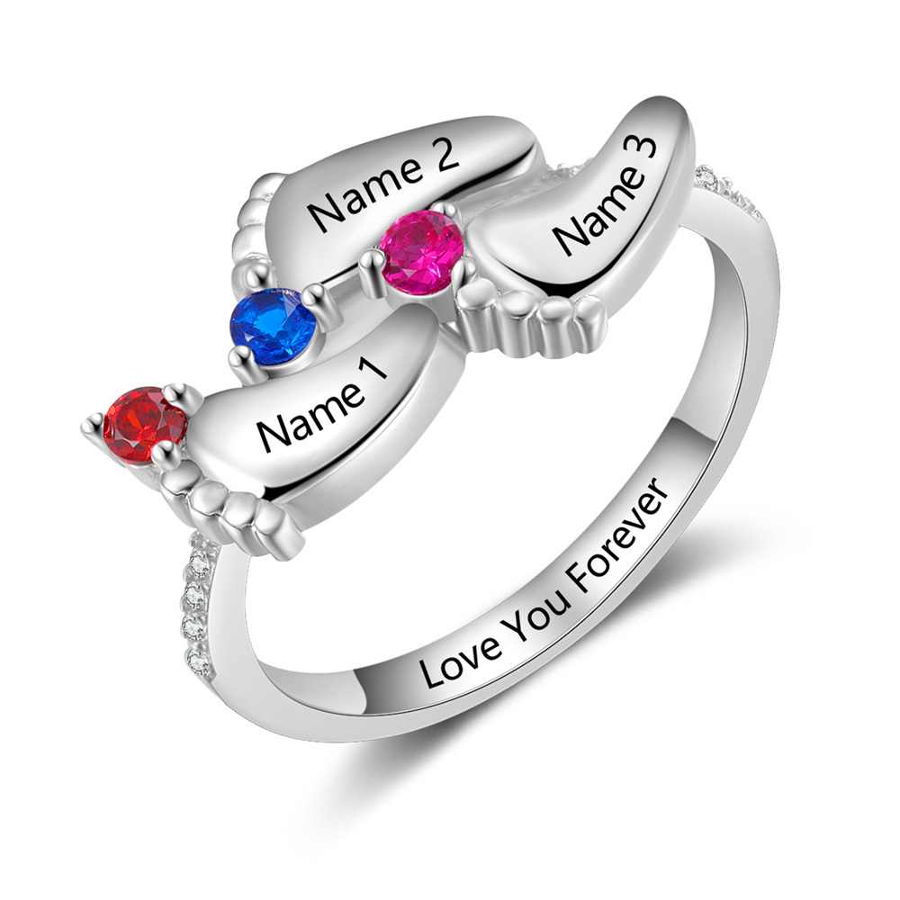 Personalised Baby Foot Ring With 3 Birthstones Engraved Names Ring Gift For Women-Jessemade AU