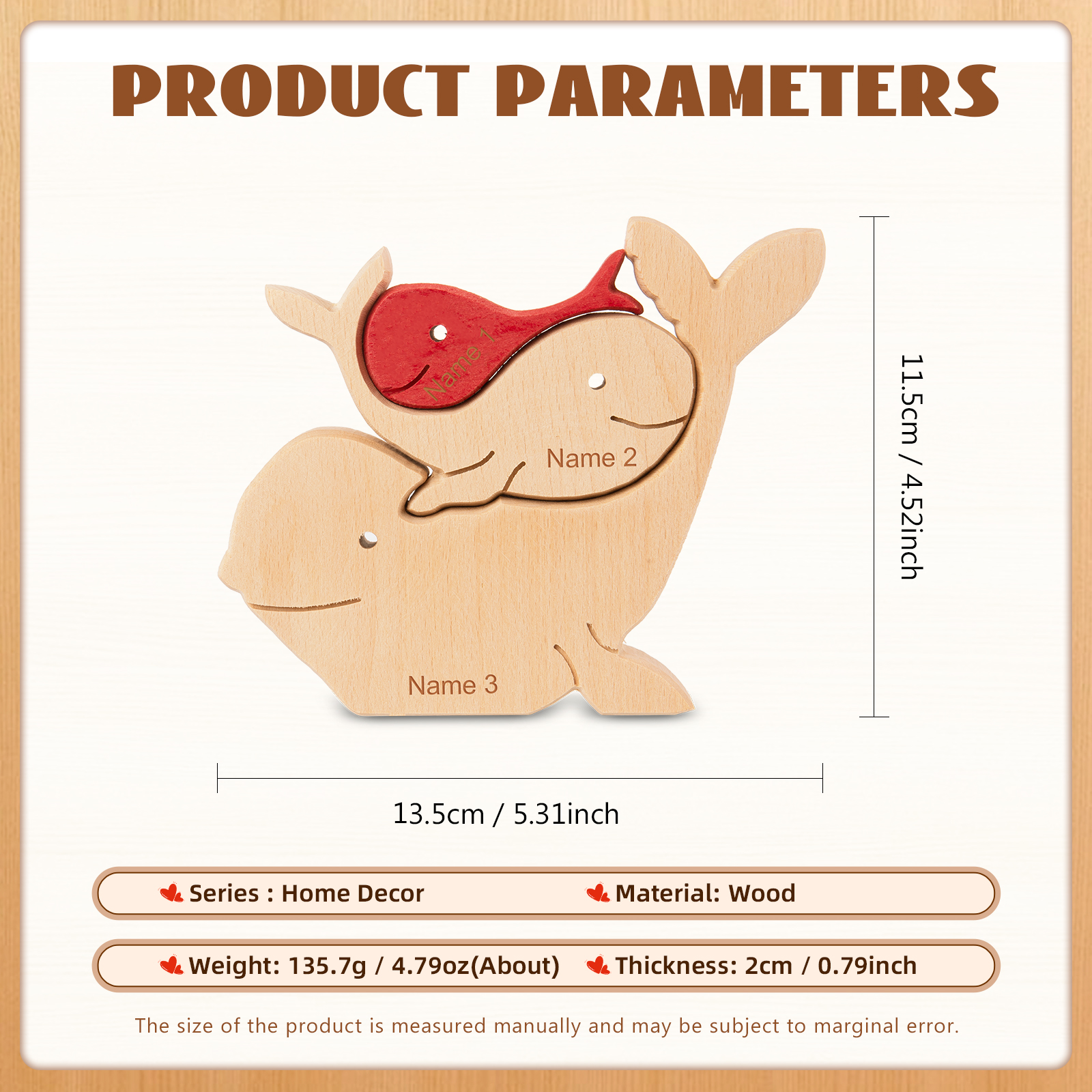 Personalised Wooden Animal Puzzle Custom 3 Names Puzzle Whale Bear Rabbit Hug Ornament Gifts for Family-Jessemade AU