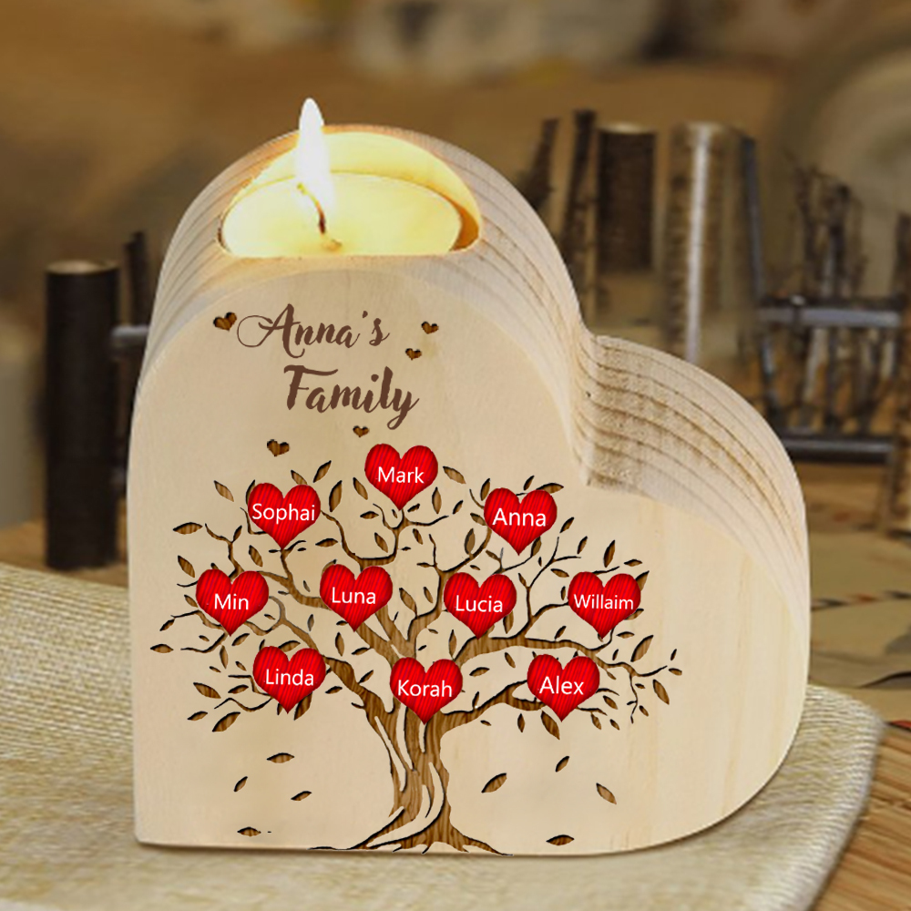 To My Family Wooden Heart Candle Holder Custom 10 Names Family Tree Candlesticks-Jessemade AU