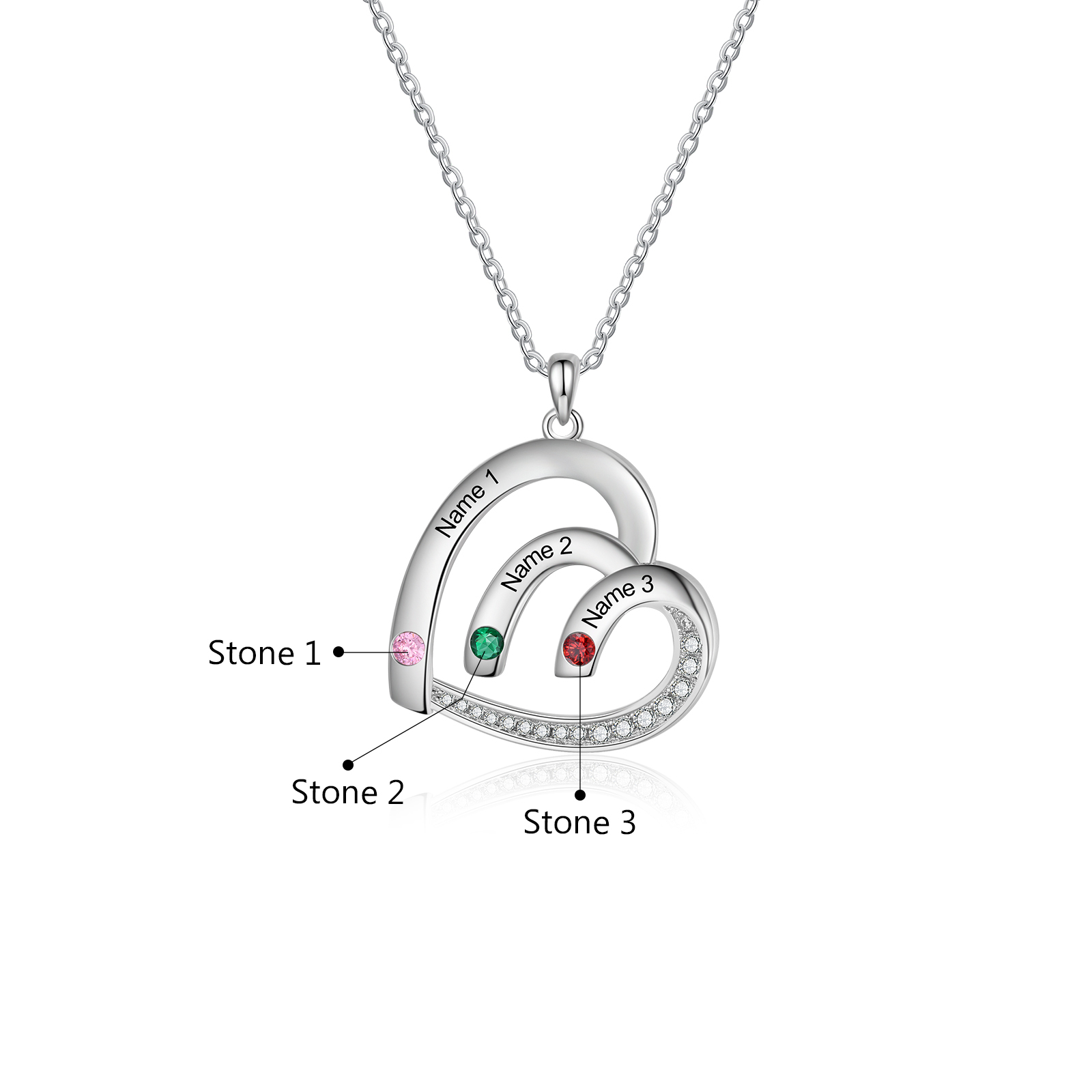 Personalised Heart Pendant Necklace Custom 3 Birthstones & 3 Names Necklace Gifts for Her-Jessemade AU