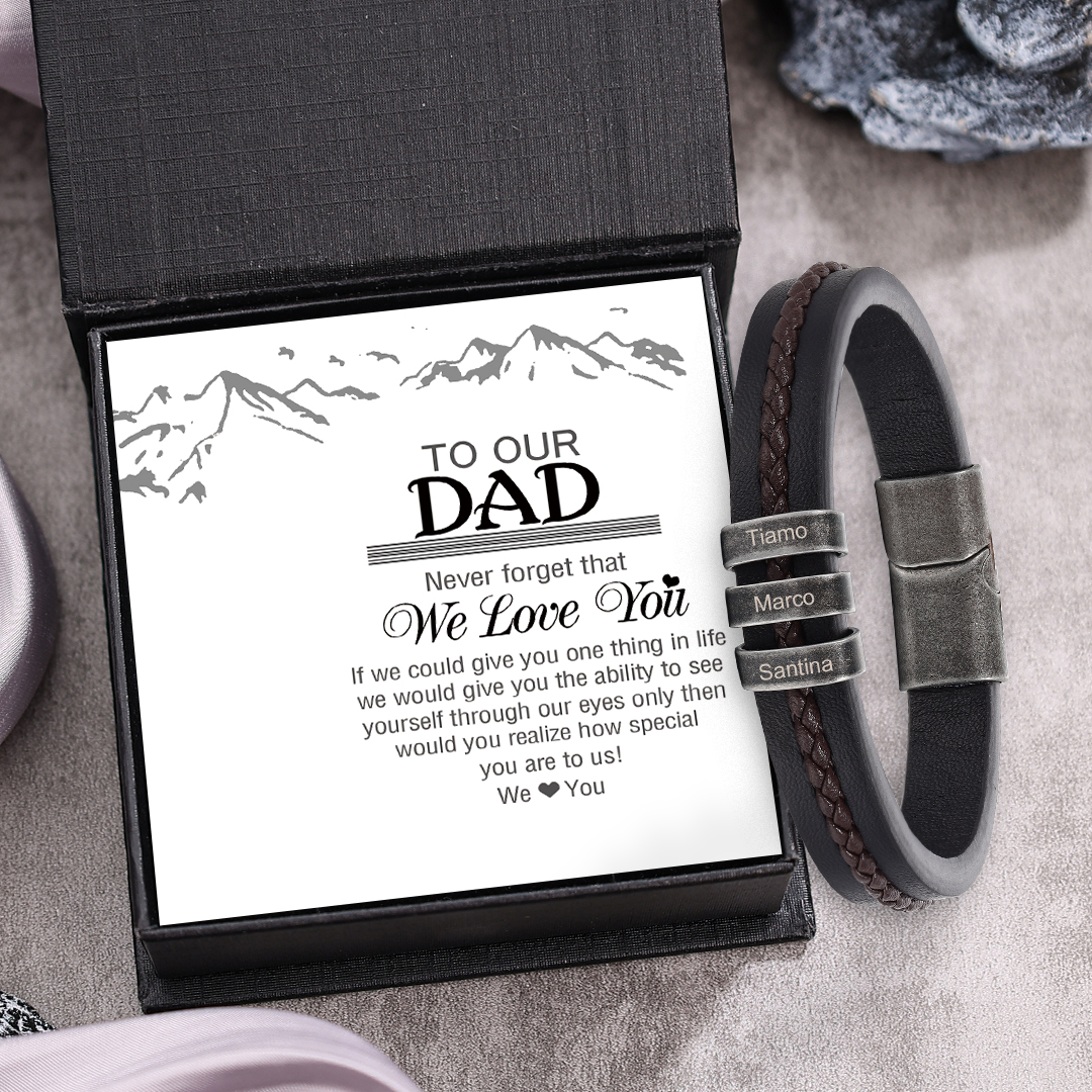 3 Names - Personalised Men's Leather Bracelet Custom Text Beaded Bracelets Vintage Gift for Him