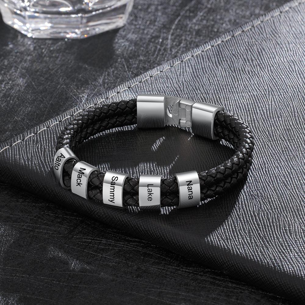 Customised Braided Leather Bracelet Engraved 5 Names Men's Bracelet Gifts For Dad-Jessemade AU