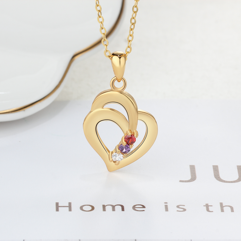 Personalised Heart Necklace With 3 Birthstones Engraved Names Gift For Her-Jessemade AU