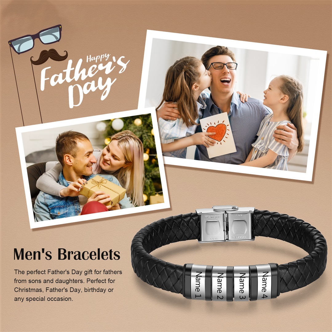 Men Leather Braided Bracelet Personalised with 4 Names 4 Beads Gift For Father's Day-Jessemade AU