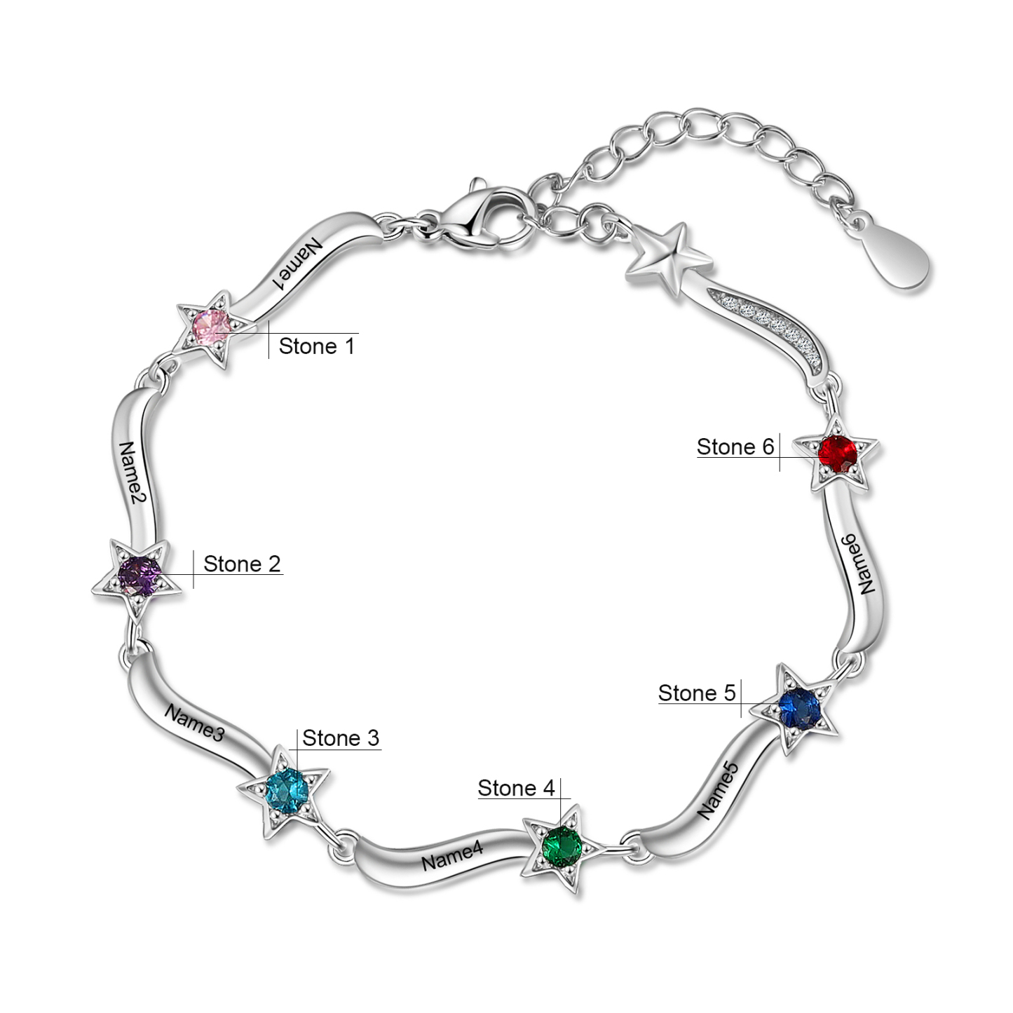 Personalised Star Bracelet With 6 Birthstones Custom Names Bracelet Gift For Women-Jessemade AU