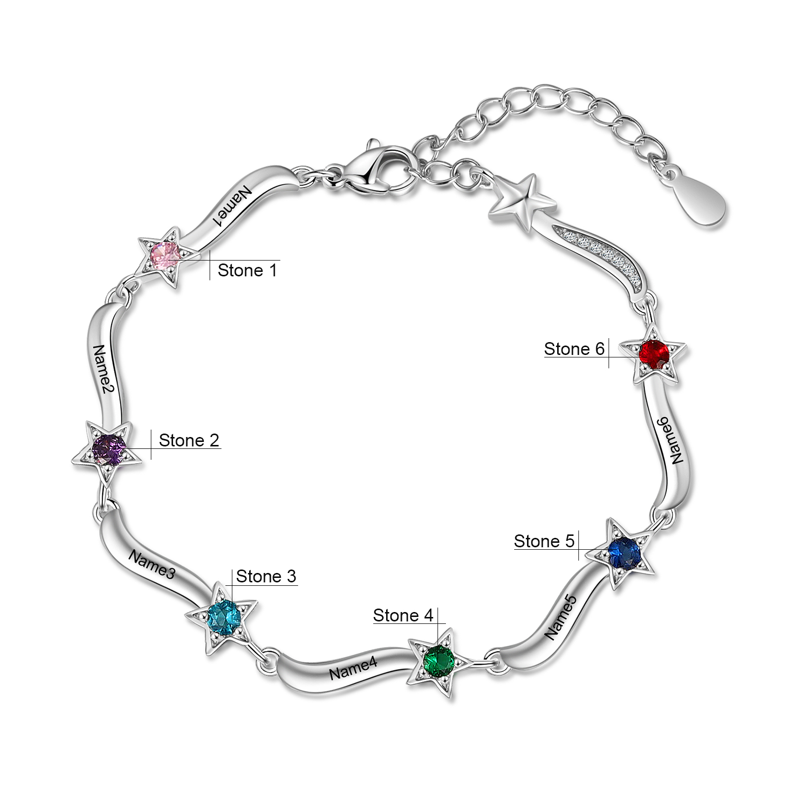 Personalised Star Bracelet With 6 Birthstones Custom Names Bracelet Gift For Women-Jessemade AU