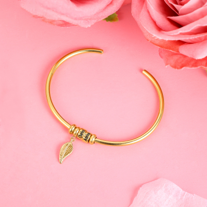 Women Bangle Bracelet with Leaf and Beads Engraved 1 Name Rose Gifts for Mother