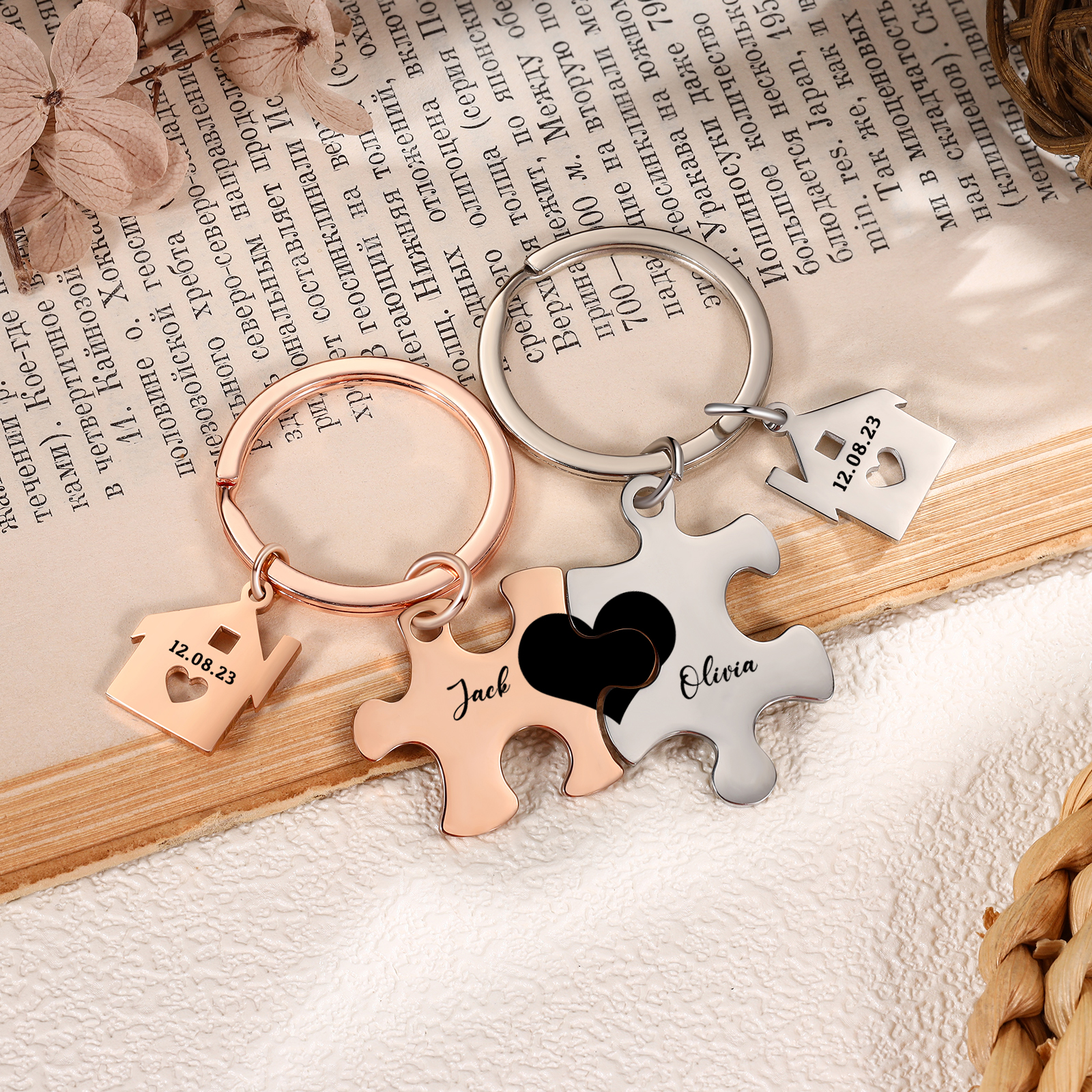2 PCS Couple Keychain Set Custom 2 Names & Date Keyring Puzzle Keychain Valentine's Day Personalised Gift for Him/Her-Jessemade AU