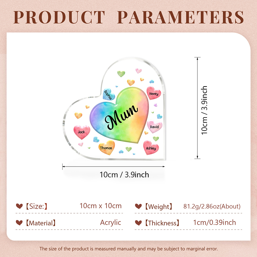 6 Names - Personalised Acrylic Heart Keepsake Custom Text Colourful Hearts Ornament Gift for Mother/Grandma-Jessemade AU