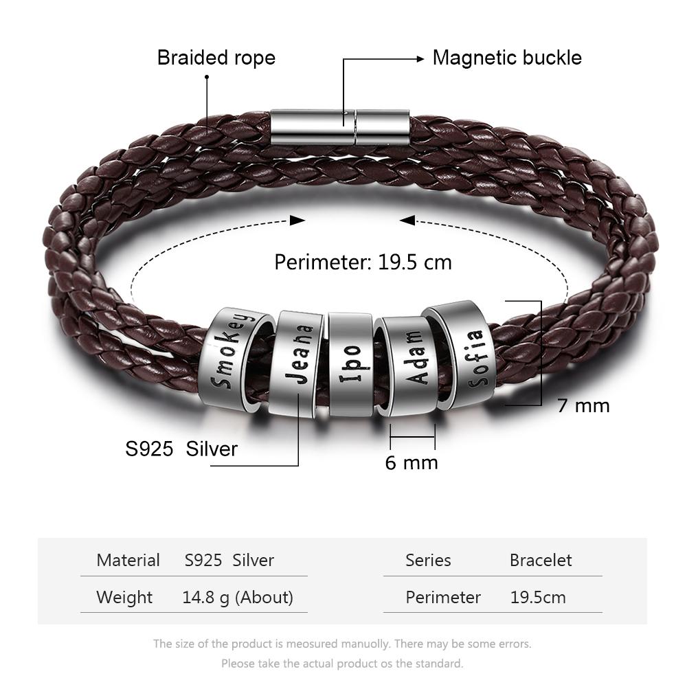 Braided Leather Personalised Name 5 Beads Men's Bracelets Best Gifts For Him Best Gift For Dad-Jessemade AU