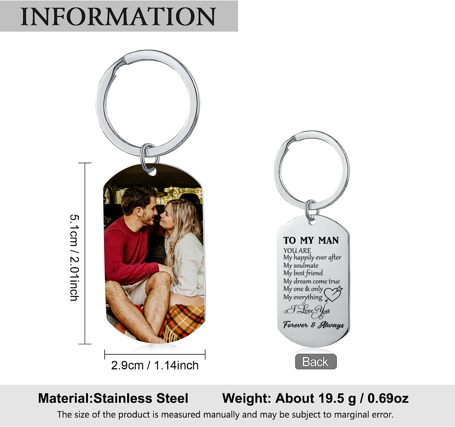 To My Love/Man Couple Keychain Customised Photo Stainless Steel Keyring Valentine's Day Gift for Couples-Jessemade AU