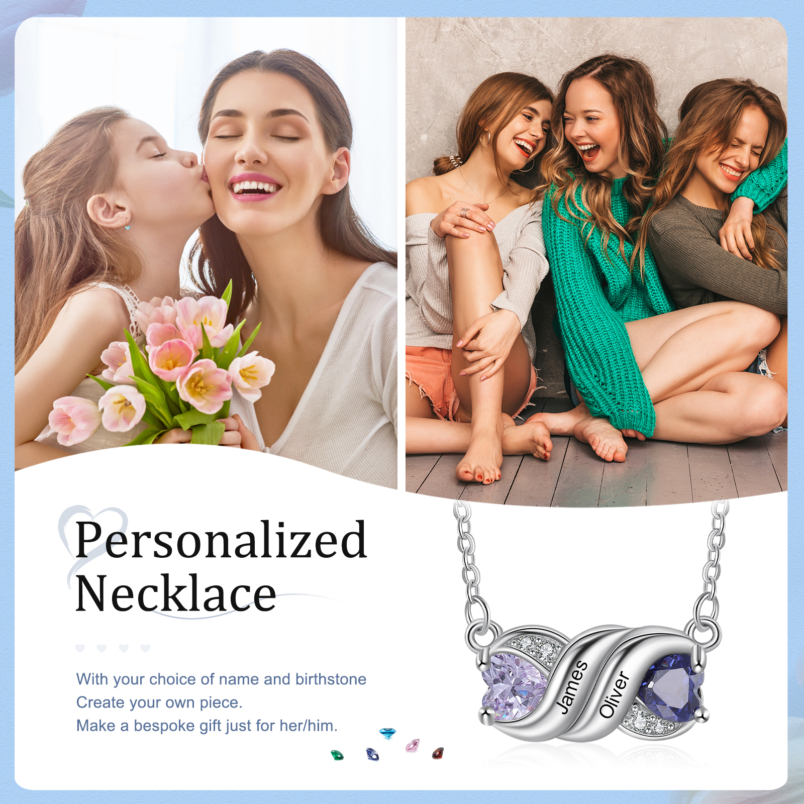 Personalised Heart Birthstone Necklace Custom 2 Names Overlap Necklace Gifts for Her-Jessemade AU