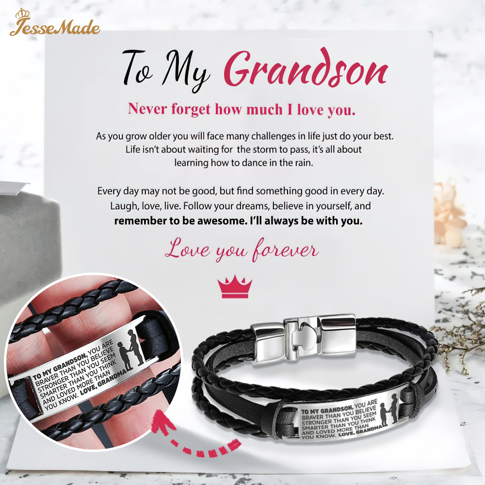 To My Son/Grandson, Leather Braided Men's Bracelet, You Are Braver Than You Believe Inspirational Bracelet Gifts For Him-Jessemade AU