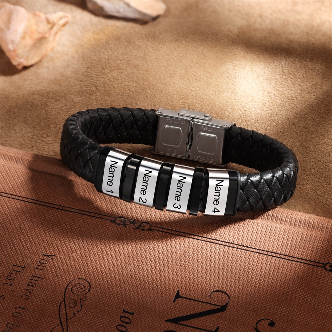 Men Leather Braided Bracelet Personalised with 4 Names 4 Beads Gift For Father's Day-Jessemade AU