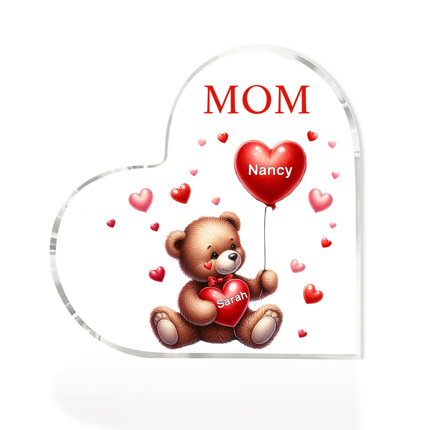 2 Names - Personalised Acrylic Heart Keepsake Custom Text Teddy Bear Balloon Ornaments Gifts for Grandma/Mother-Jessemade AU