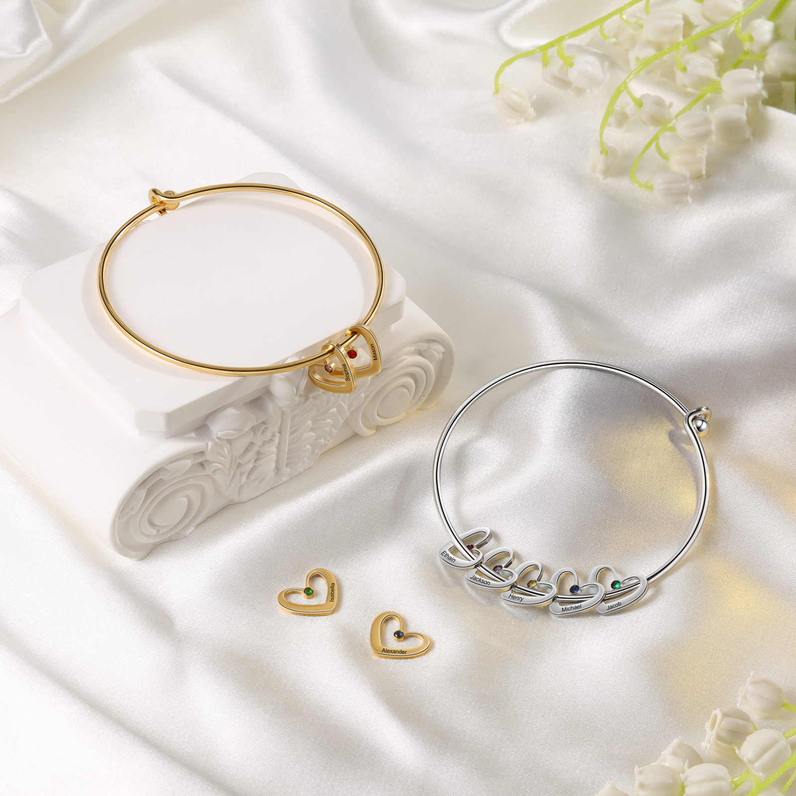 Personalised Heart Bangle With 3 Names and Birthstones Bangle Bracelet Mother's Day Gifts For women-Jessemade AU