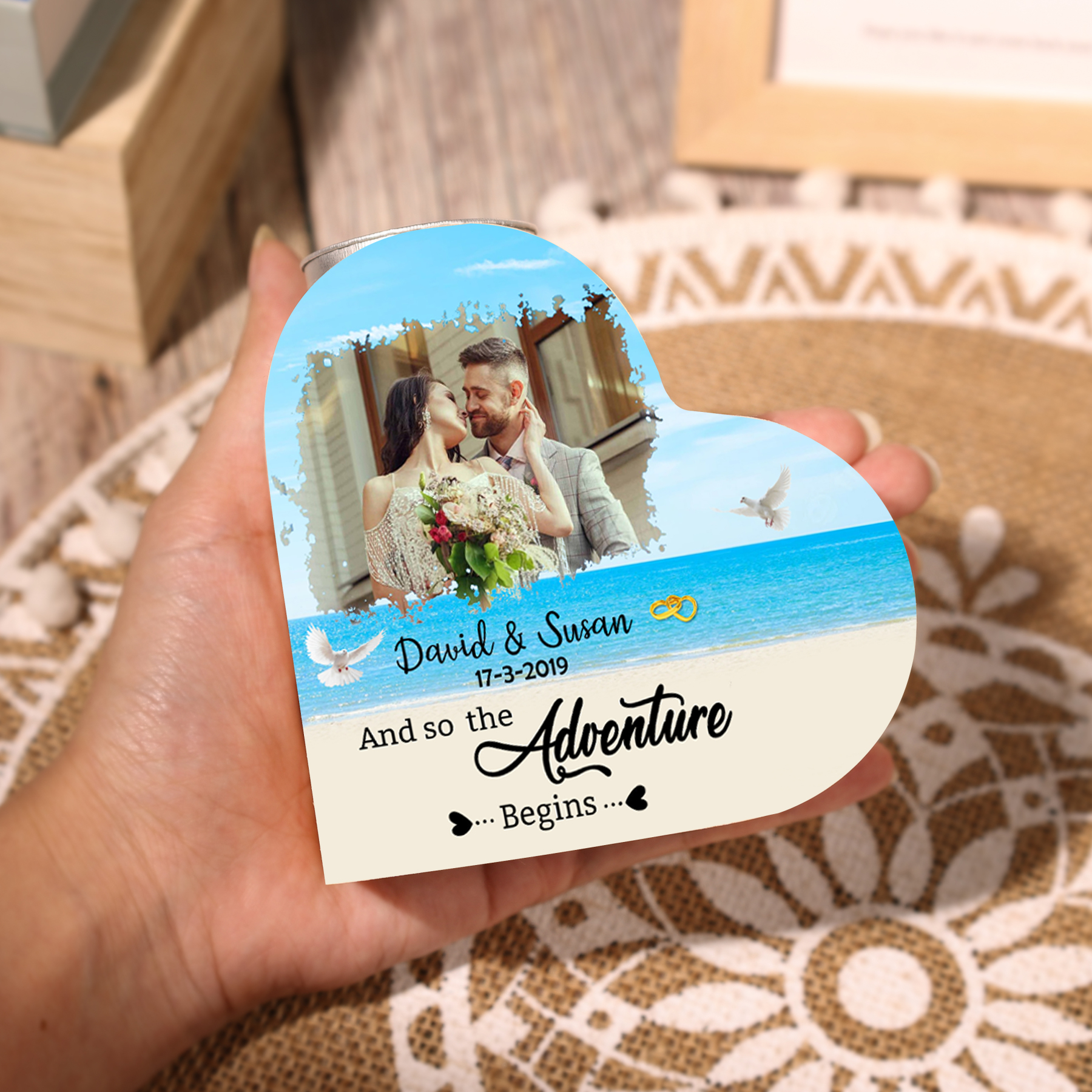 Personalised Love Couple Heart Candle Holder Engrave Photo Wooden Candlesticks Valentines Gift-Jessemade AU