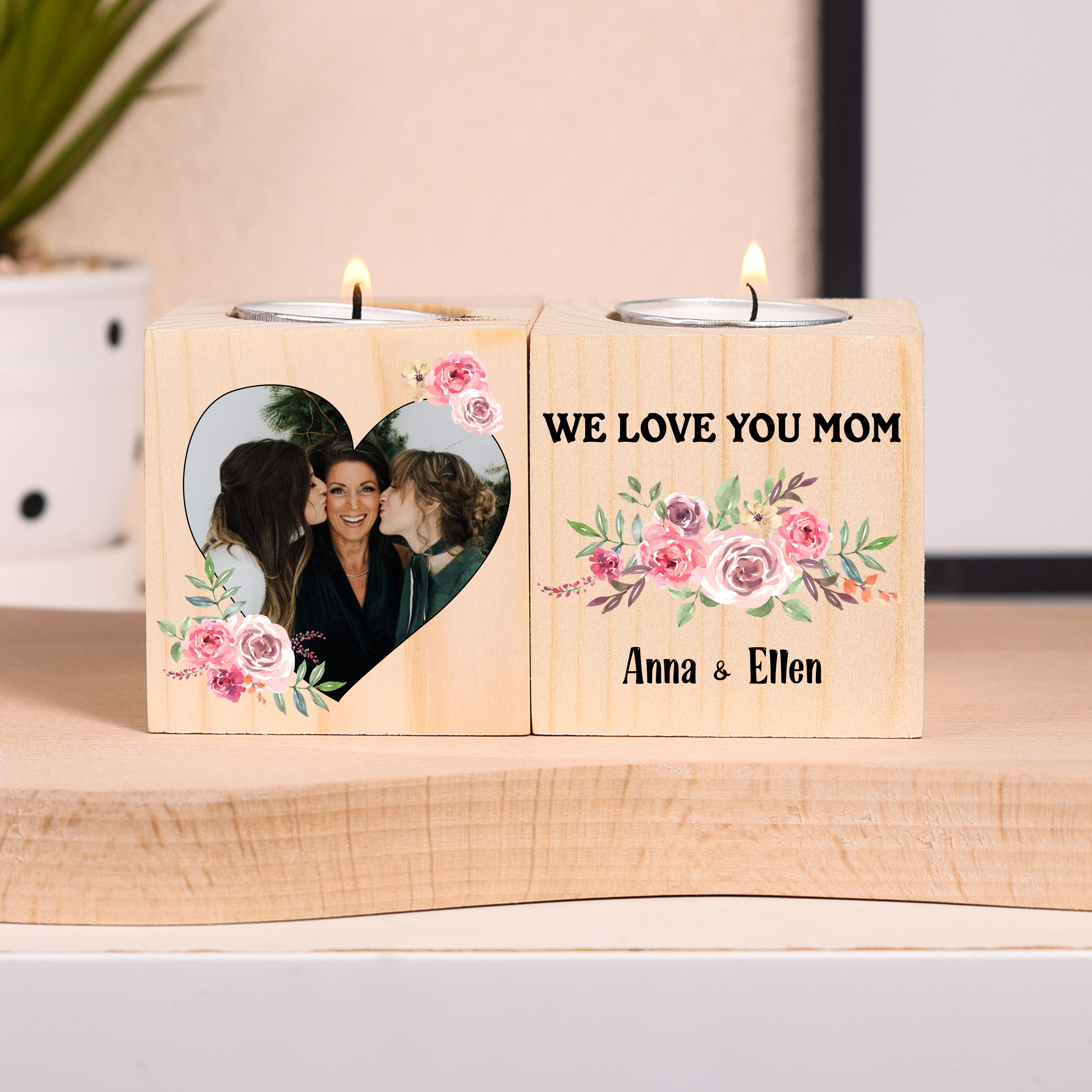 Personalised Photo Block Candle Holder We Love You Mom Wooden Candlesticks-Jessemade AU
