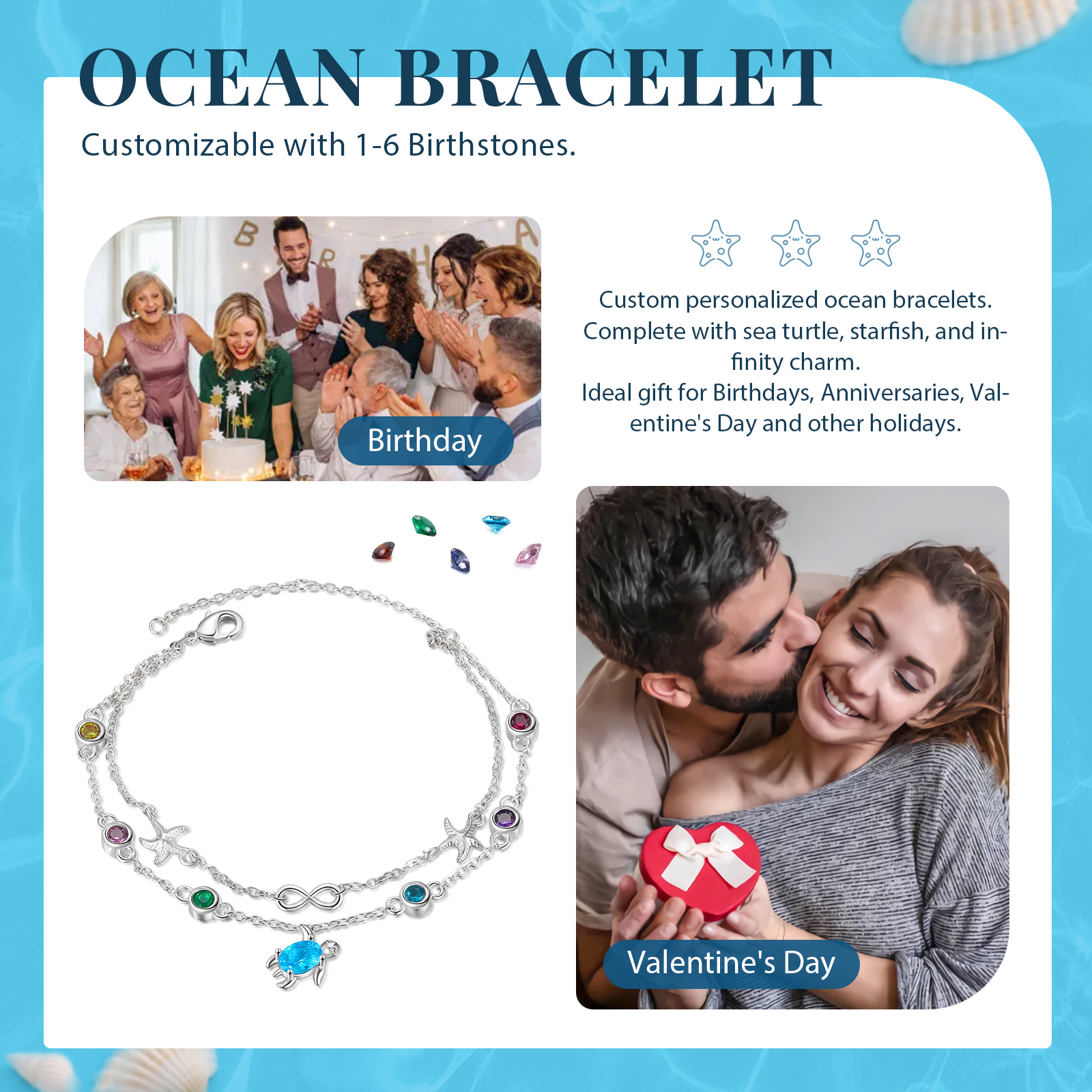 Personalised Women's Bracelet Custom 6 Birthstones Bracelet Sea Turtle Adjustable Bracelet Birthday Gift for Her-Jessemade AU