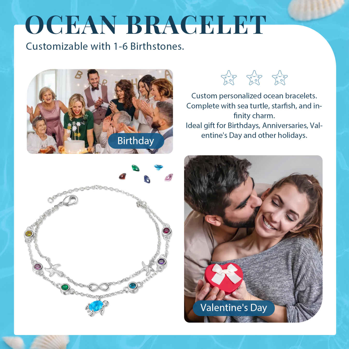 Personalised Women's Bracelet Custom 6 Birthstones Bracelet Sea Turtle Adjustable Bracelet Birthday Gift for Her-Jessemade AU