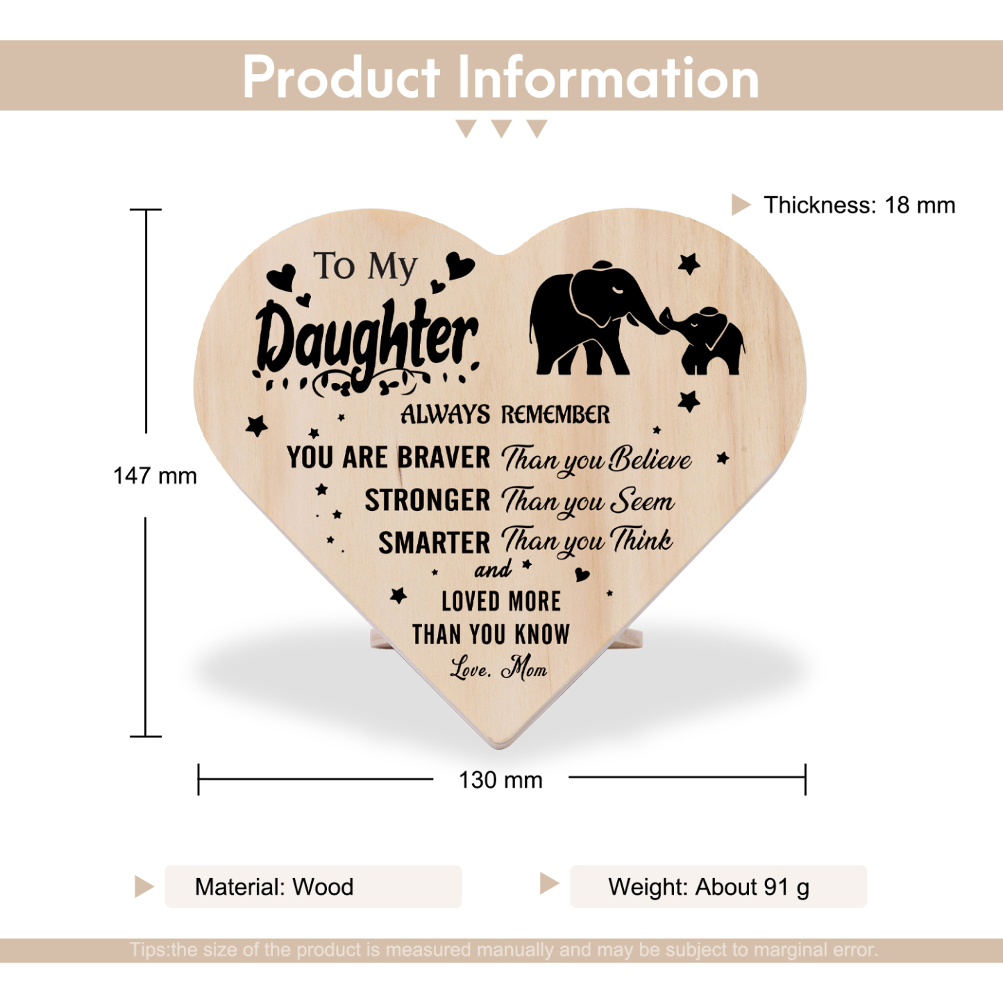 To My Daughter You Are Braver Than You Believe Wooden Heart Keepsake Desktop Ornament-Jessemade AU