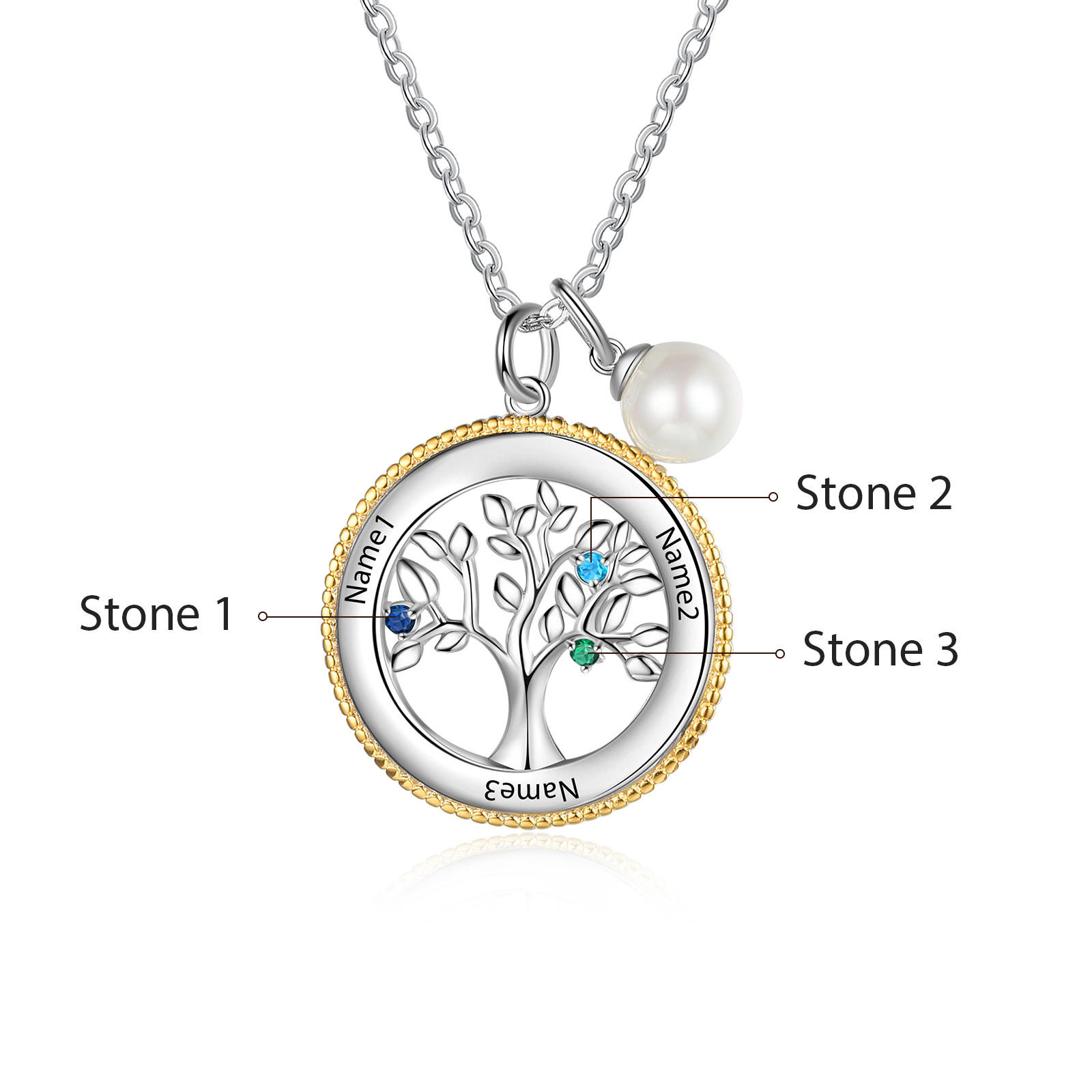 Personalised Family Tree Necklace With 3 Birthstones Engraved Names Necklace Gift For Women-Jessemade AU
