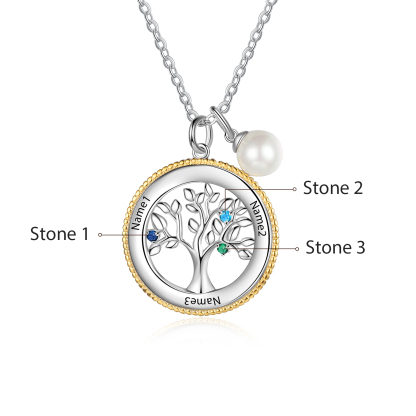 Personalised Family Tree Necklace With 3 Birthstones Engraved Names Necklace Gift For Women-Jessemade AU