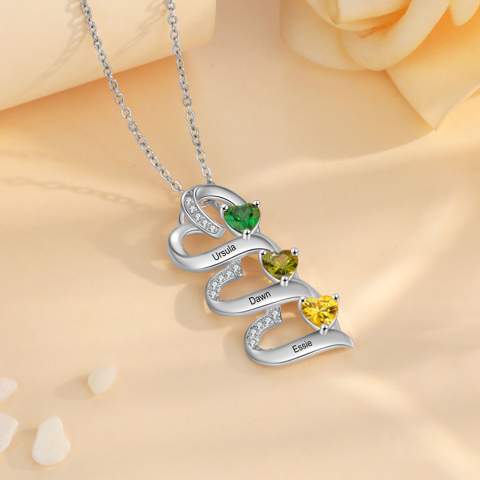 Personalised Heart Pendant Necklace Custom 3 Birthstones & 3 Names Necklace Gifts for Her-Jessemade AU