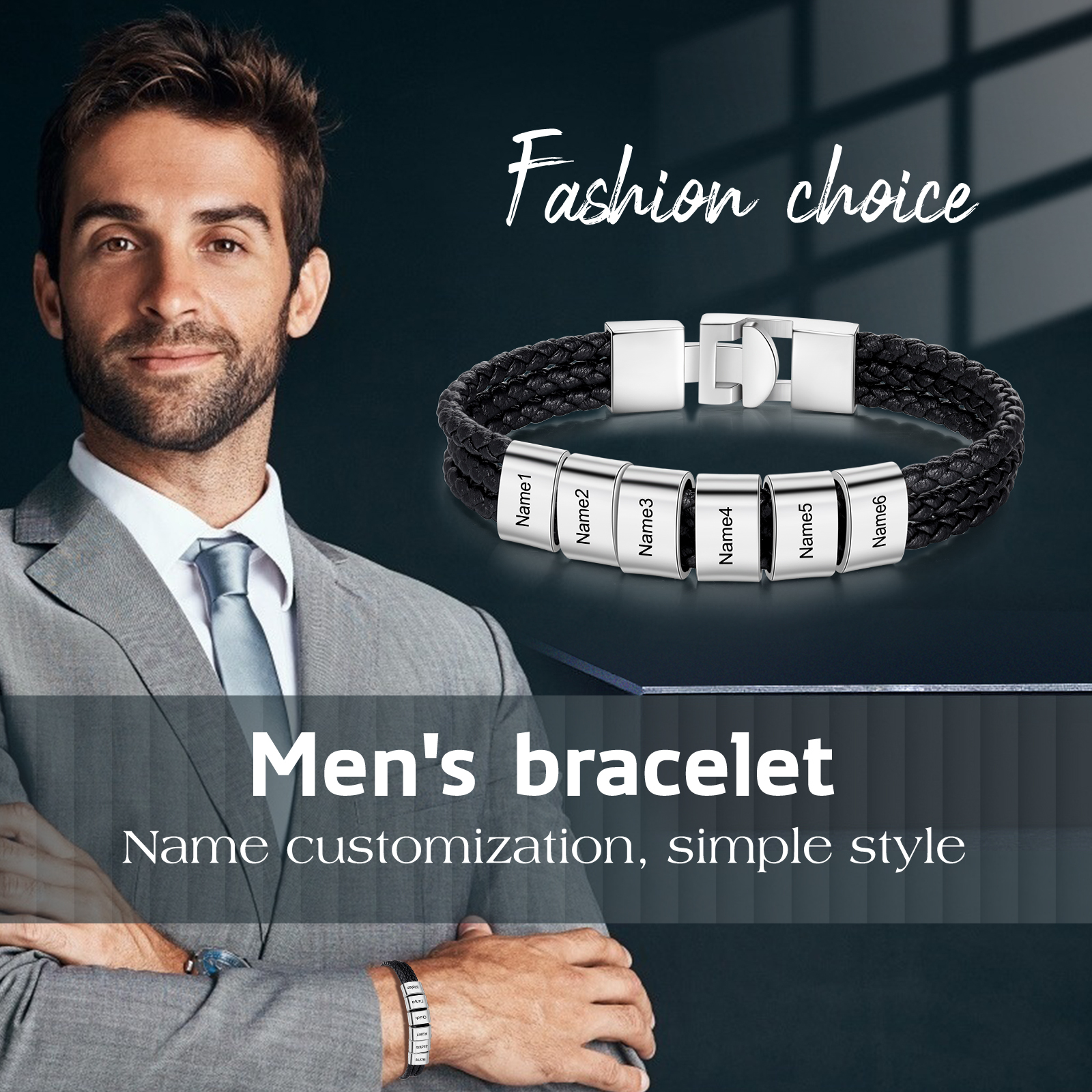 Personalised Braided Leather Bracelet Engraved 6 Names Men's Bracelet Gifts For Him-Jessemade AU