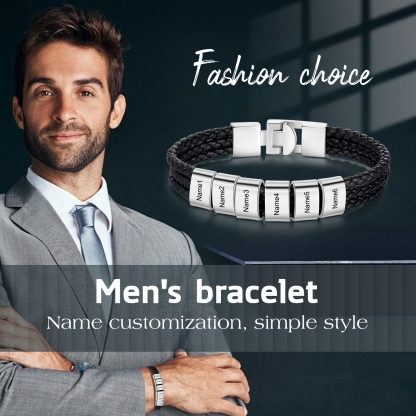 Personalised Braided Leather Bracelet Engraved 6 Names Men's Bracelet Gifts For Him-Jessemade AU