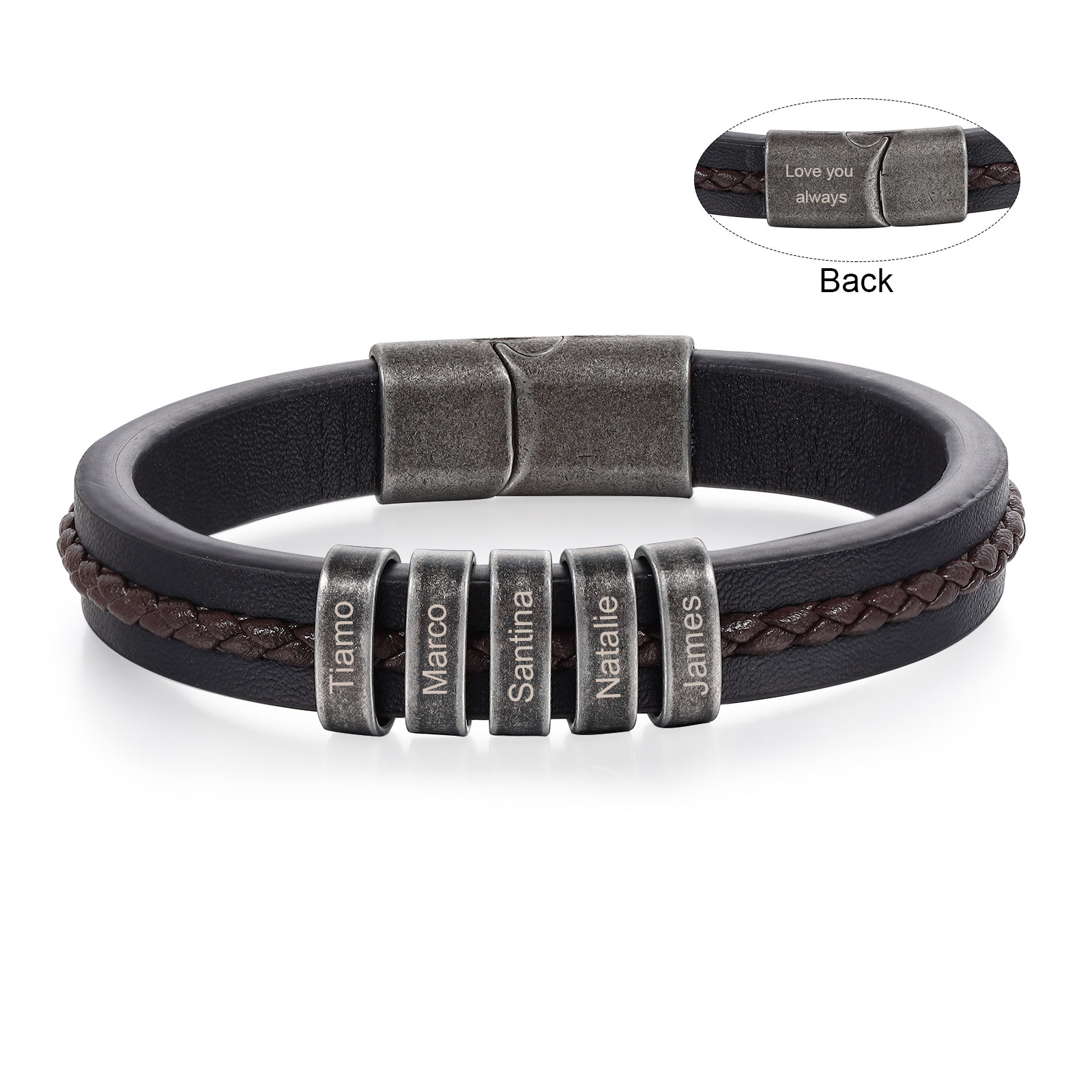 5 Names - Personalised Men's Leather Bracelet Custom Text Beaded Bracelets Vintage Gift for Him