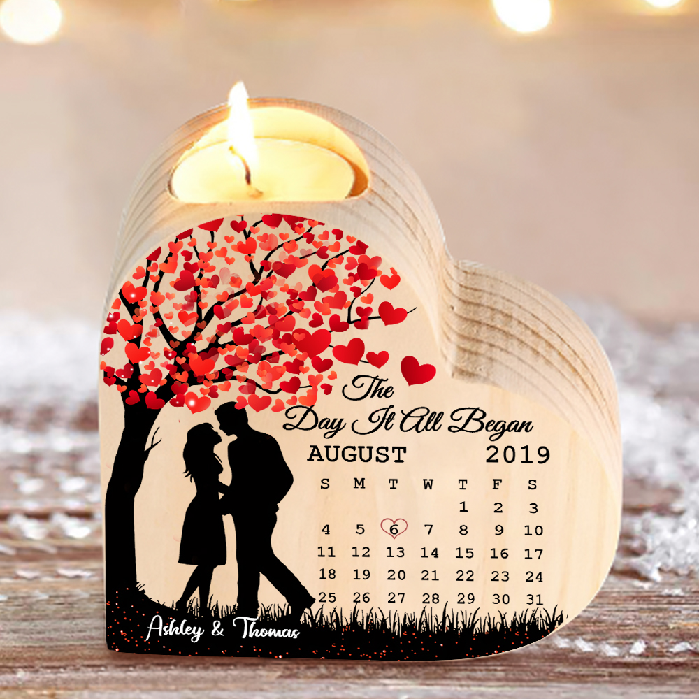 Wooden Couple Candle Holder Custom 2 Names & Date & Text Candlesticks Calendar Valentine's Day Gifts for Couples-Jessemade AU