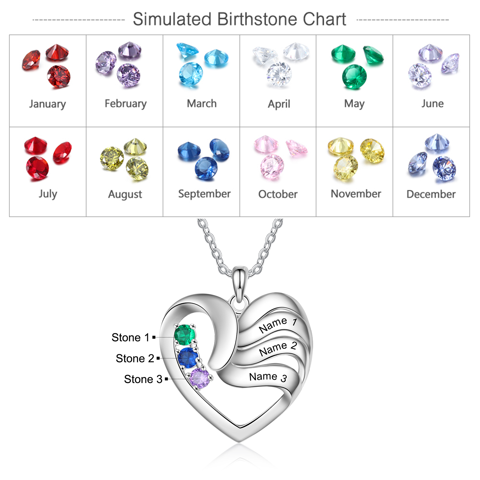 Customised Heart Necklace With 3 Birthstones Engraved Names Family Necklace Gifts for Her-Jessemade AU