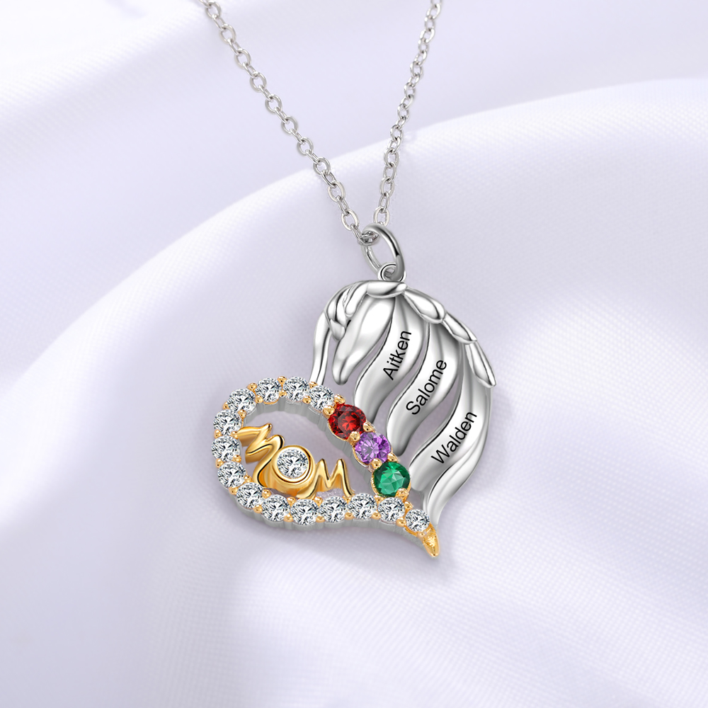 Personalised Heart Necklace With 3 Birthstones Engraved Names Gift For Mother-Jessemade AU