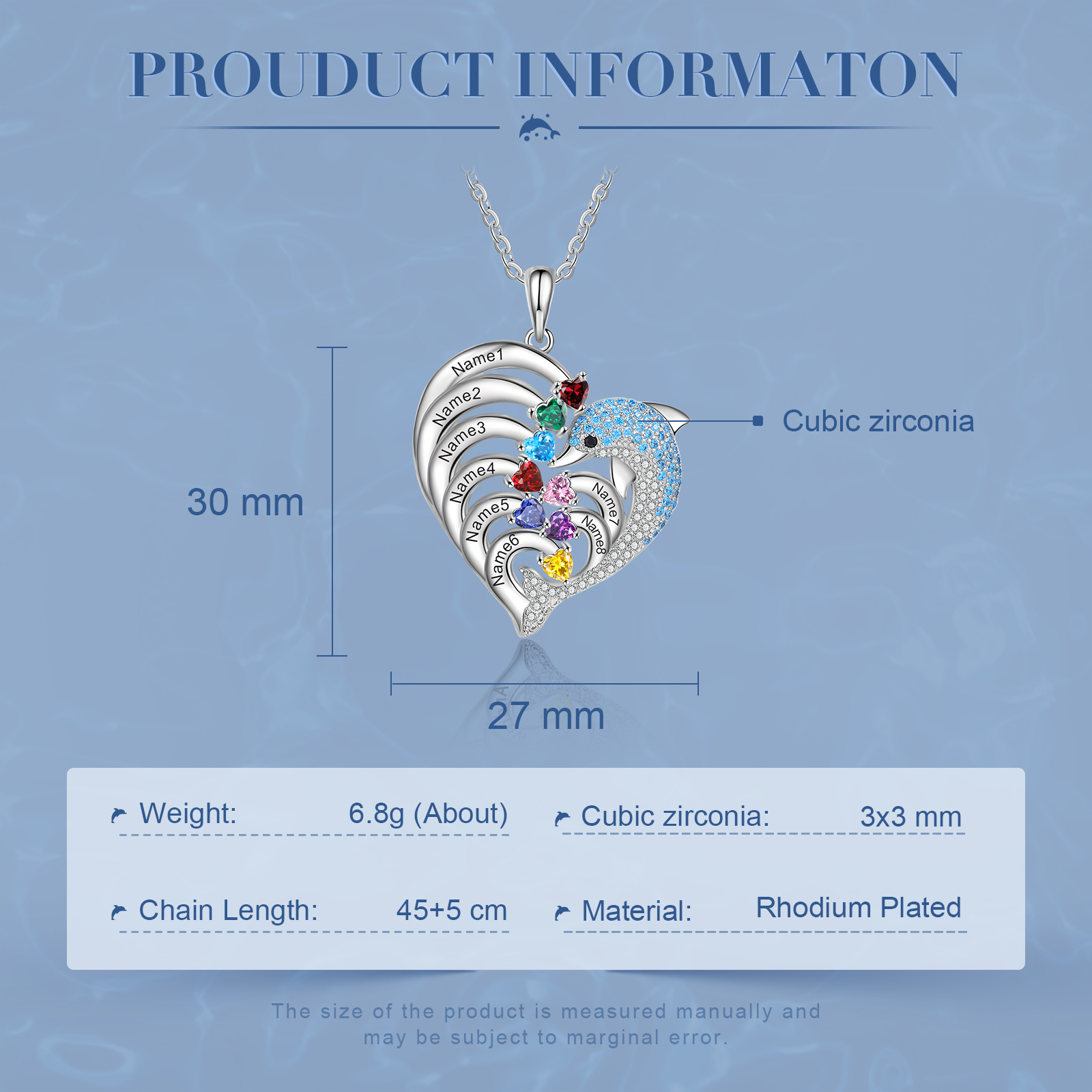 Personalised Heart Dolphin Necklace With 8 Birthstones Engraved Names Necklace Gift For Her-Jessemade AU