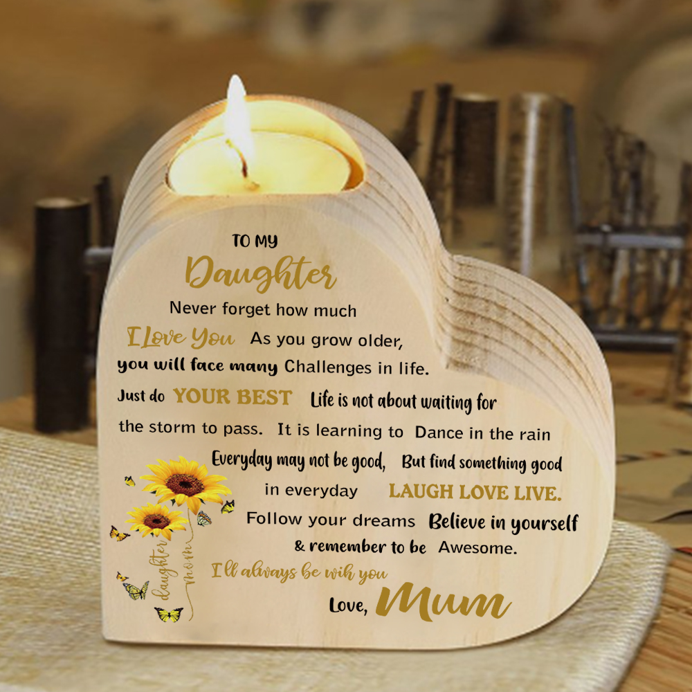To My Daughter Wooden Heart Candle Holder Sunflowers Candlesticks "I'll always be with you"-Jessemade AU