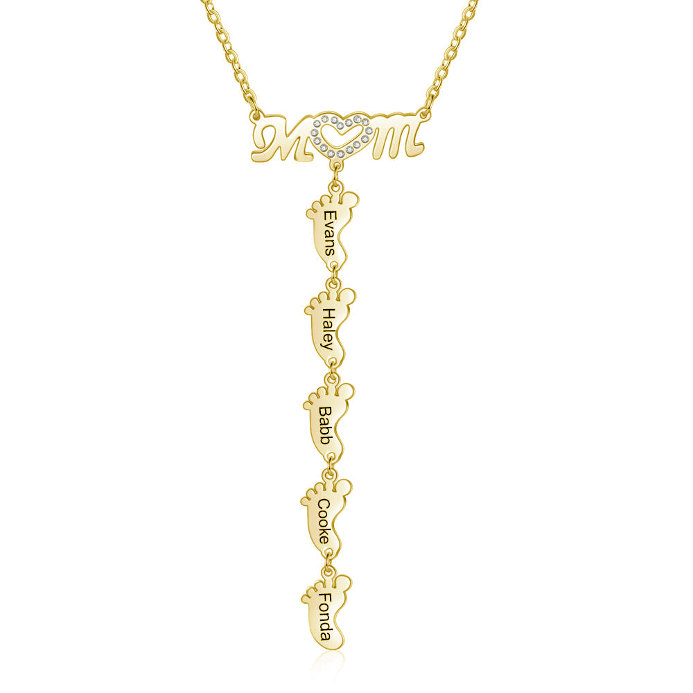 Mother Necklace with 5 Baby Feet Pendants Engraved 5 Names  Rose Gift Set