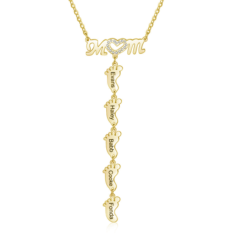 Mother Necklace with 5 Baby Feet Pendants Engraved 5 Names Rose Gift Set