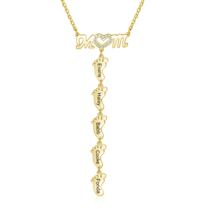 Mother Necklace with 5 Baby Feet Pendants Engraved 5 Names  Rose Gift Set