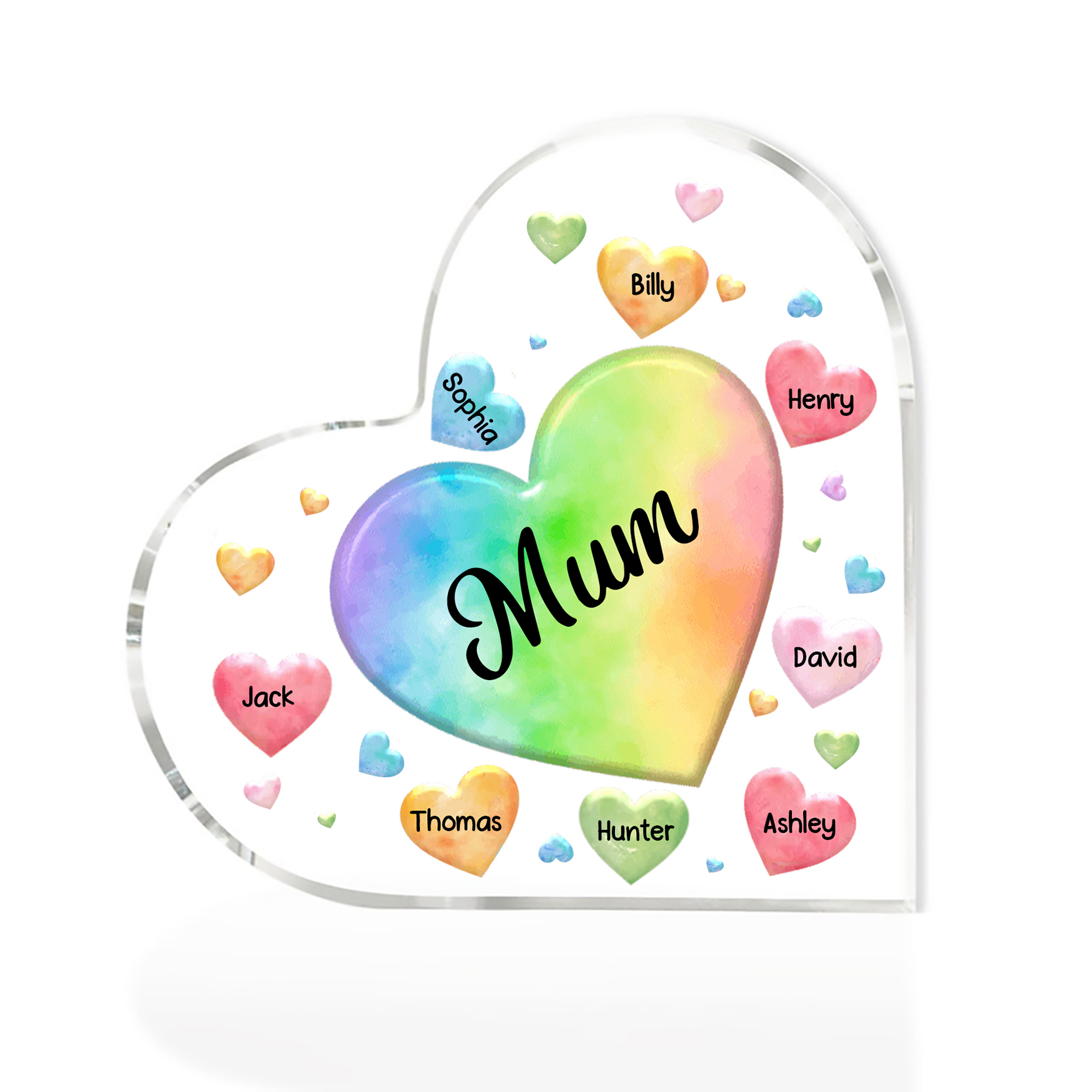 8 Names - Personalised Acrylic Heart Keepsake Custom Text Colourful Hearts Ornament Gift for Mother/Grandma-Jessemade AU
