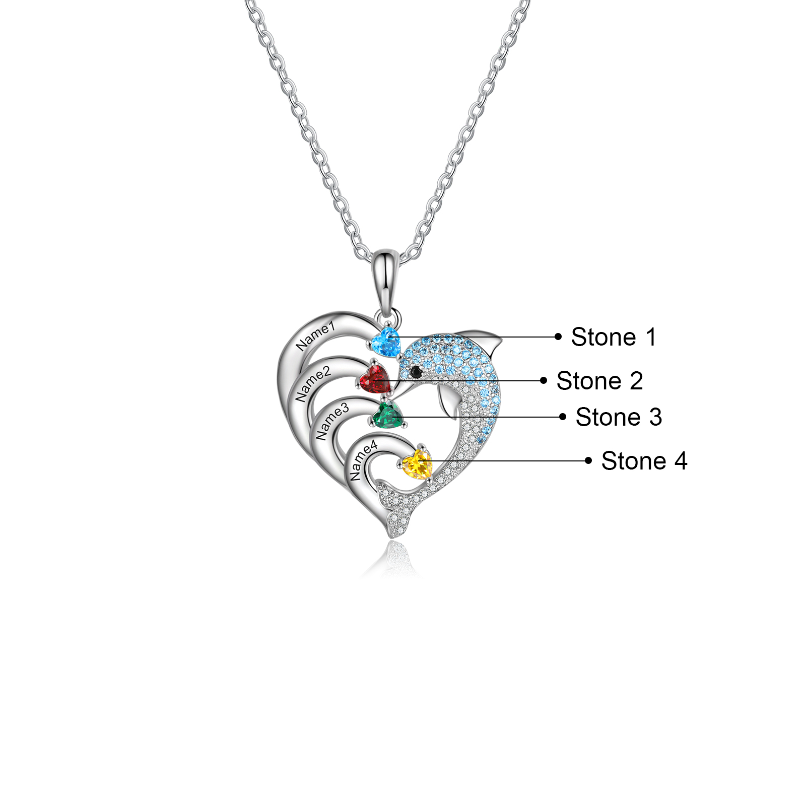 Personalised Heart Dolphin Necklace With 4 Birthstones Engraved Names Gift For Her-Jessemade AU