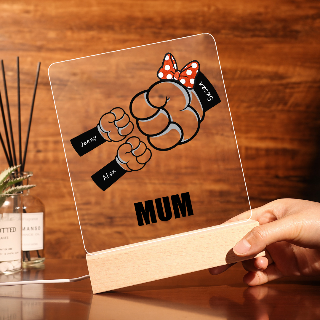 3 Names - Personalised Acrylic Night Light Custom Names & Text Fist Bump LED Lamp Gifts for Family-Jessemade AU
