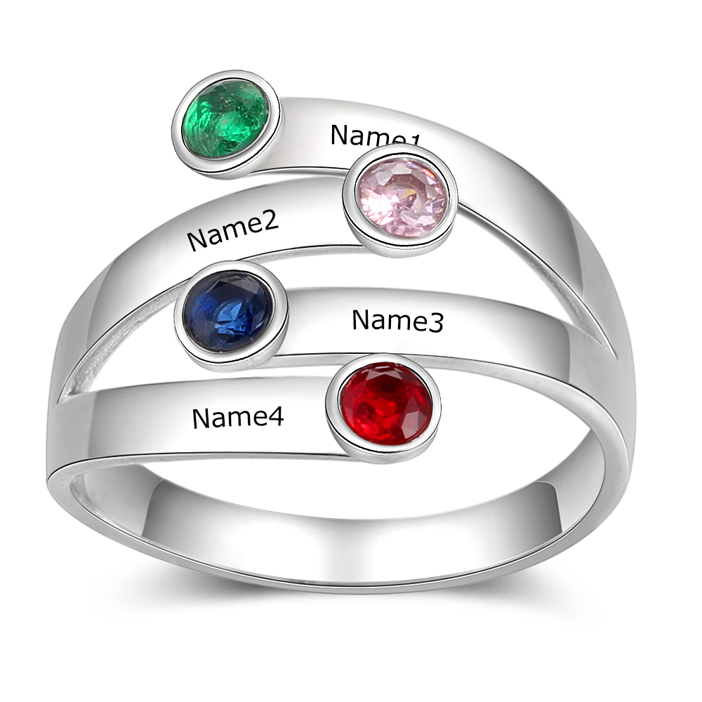 Personalised Ring With 4 Birthstones Engraved Names Ring Gift For Women-Jessemade AU