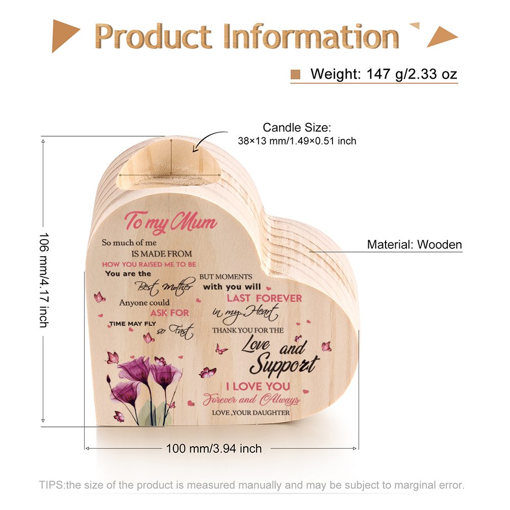 To My Mum-Wooden Heart Candle Holder Flower Candlesticks "Thank you for the love and support" Gifts For Mother-Jessemade AU