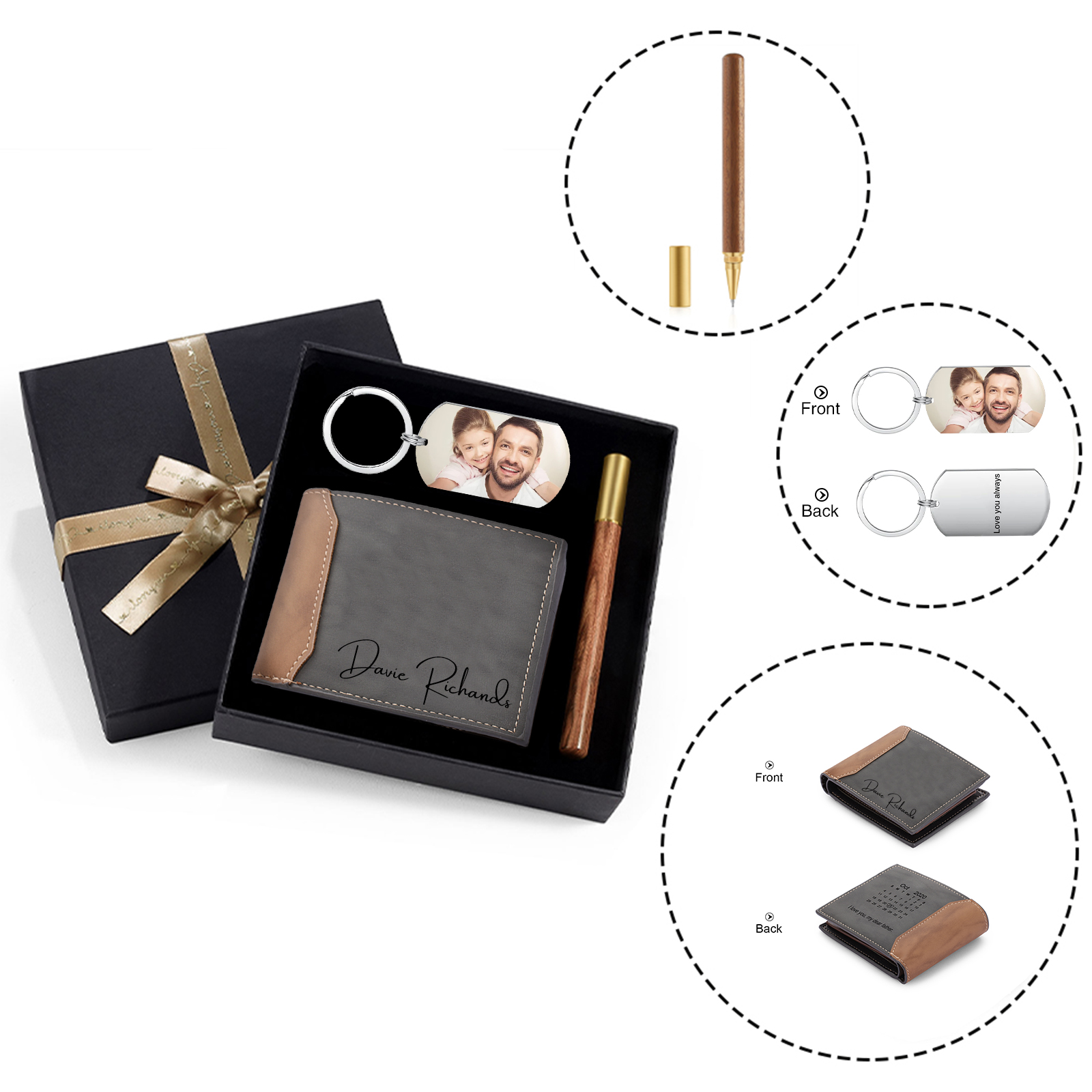 Personalised 3 Texts & 1 Photo & 1 Date Gift Set Custom Wallet & Keychain & Pen Gift Box Set Father’s Day Gift for Him