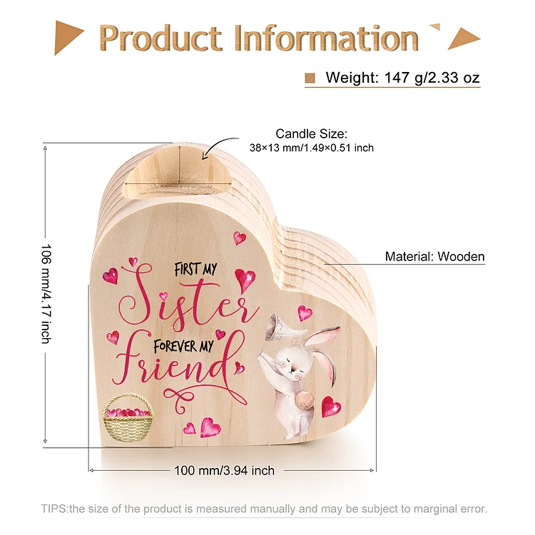 To My Sister Bunny Heart Candle Holder Wooden Candlestick - First My Sister Forever My Friend-Jessemade AU
