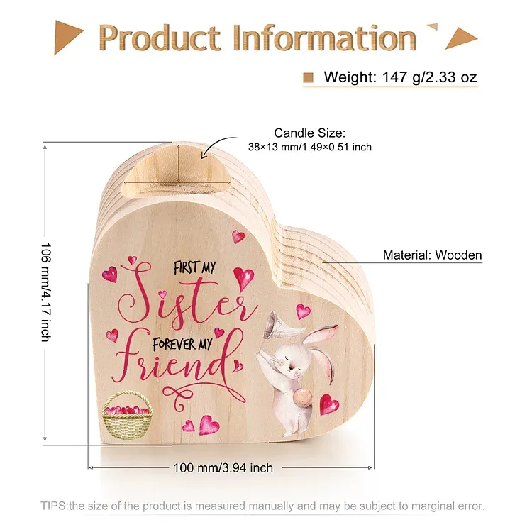 To My Sister Bunny Heart Candle Holder Wooden Candlestick - First My Sister Forever My Friend-Jessemade AU