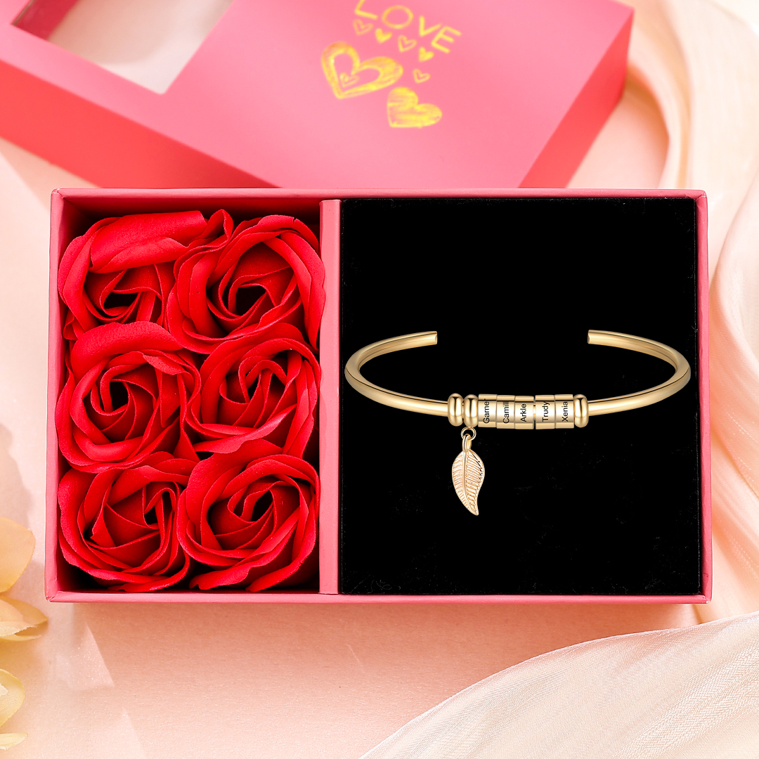 Women Bangle Bracelet with Leaf and Beads Engraved 5 Names Rose Gifts for Mother-Jessemade AU