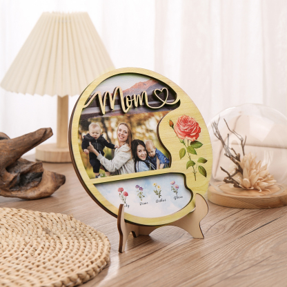 Personalised Photo & Text Wooden Plaque Custom 5 Birth Flowers & 4 Names Wooden Sign With Stand Gifts for Mum/Nana-Jessemade AU