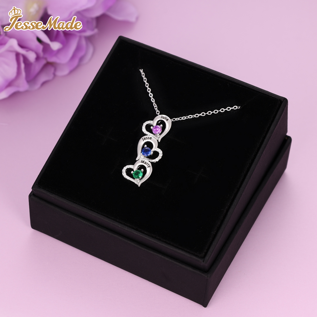 Personalised Heart Necklace With 3 Birthstones Engraved Names Gift For Her-Jessemade AU